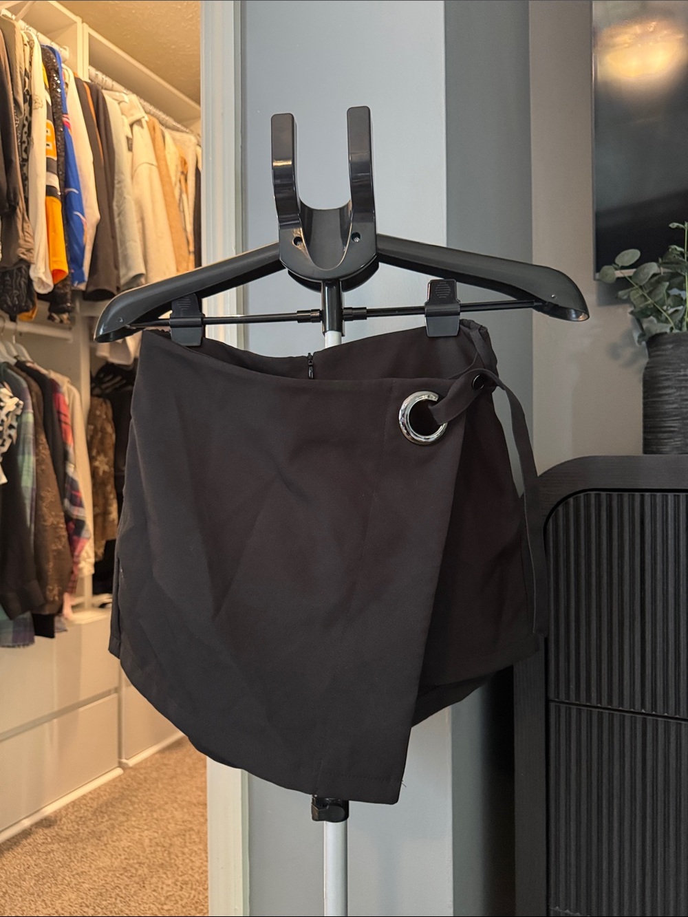 Black Asymmetrical Wrap Skort with Silver Grommet